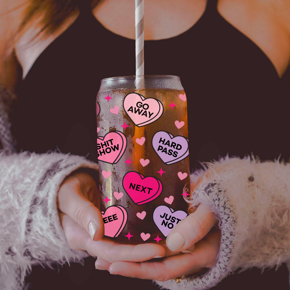 Humorous Galentine’s coffee mug for girls' night.
Sassy and sarcastic candy heart tumblers for fun gifts.